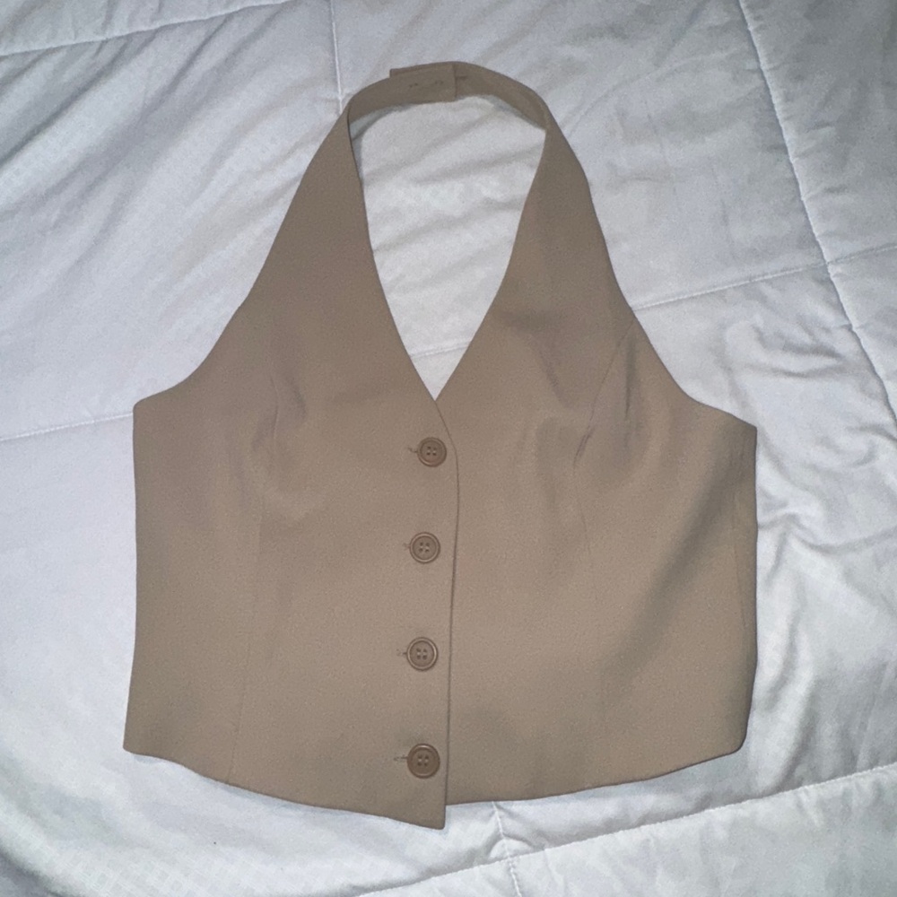 Open Edit Beige Button Halter Top - image 4